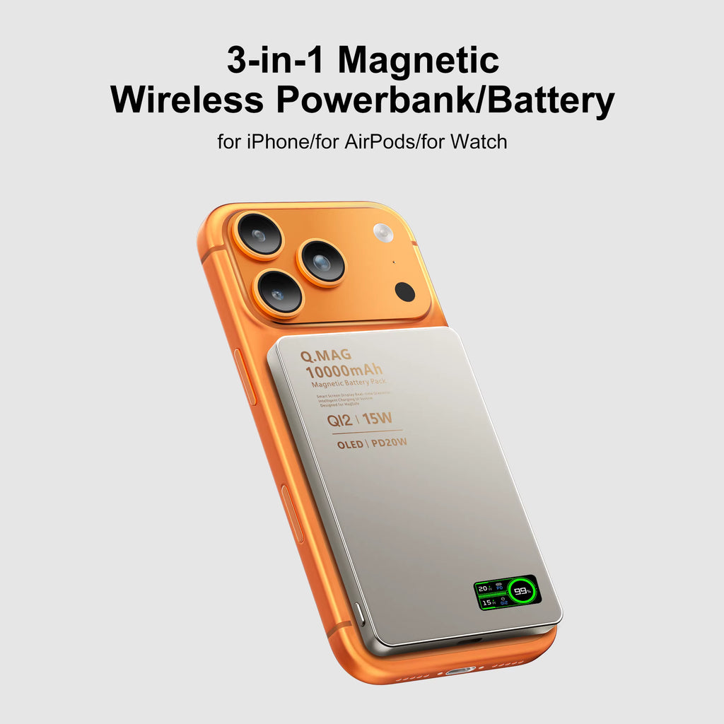 CrownQu 3-in-1 Magnetic Wireless Power Bank — 15W Fast Charging for iPhone, AirPods & Watch