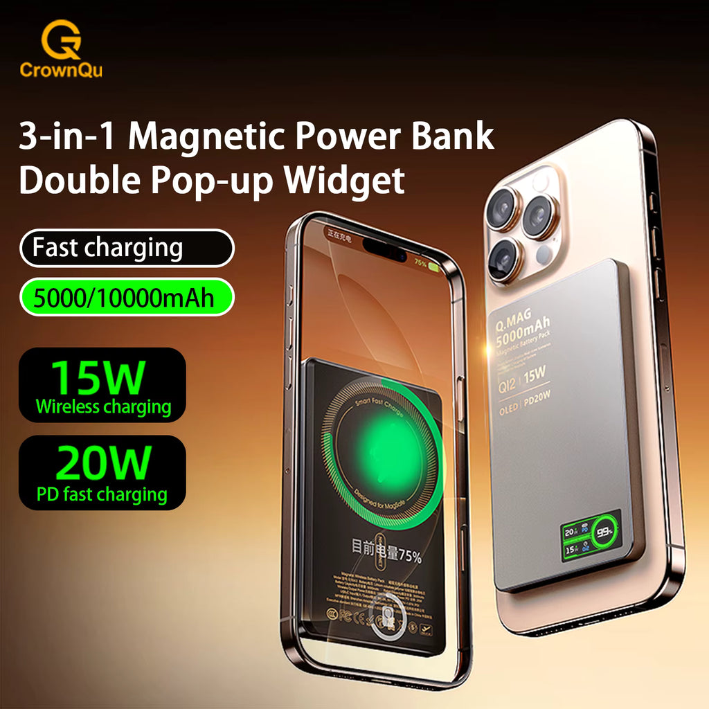 CrownQu 3-in-1 Magnetic Wireless Power Bank — 15W Fast Charging for iPhone, AirPods & Watch